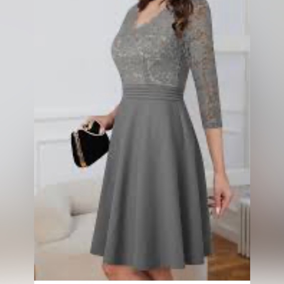 HOMEYEE Women's‎ Size 8 Chic V-Neck Lace Patchwork Flare Party Dress - Picture 2 of 10